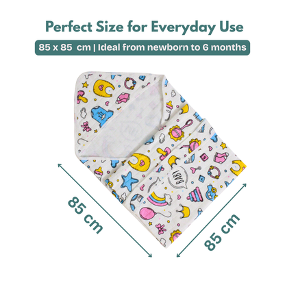 Baby Essentials Print – Muslin Quilted Hooded Blanket with Belt | 85 x 85 cm | Pack of 1