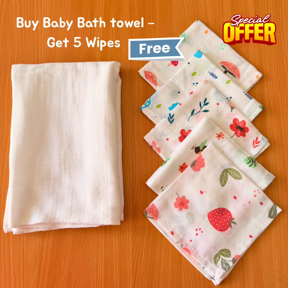 100% Organic Muslin White Baby Bath Towel (110 x 75 cm) + Get 5 Printed Muslin Wipes Free (12 x 12 Inches)