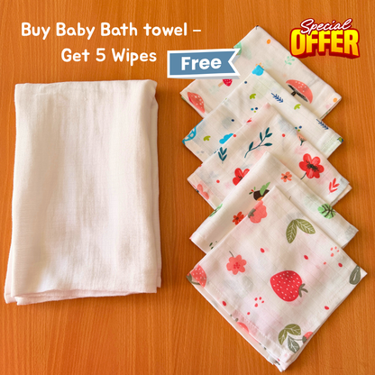 100% Organic Muslin White Baby Bath Towel (110 x 75 cm) + Get 5 Printed Muslin Wipes Free (12 x 12 Inches)