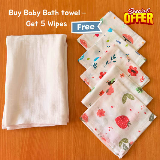100% Organic Muslin White Baby Bath Towel (110 x 75 cm) + Get 5 Printed Muslin Wipes Free (12 x 12 Inches)