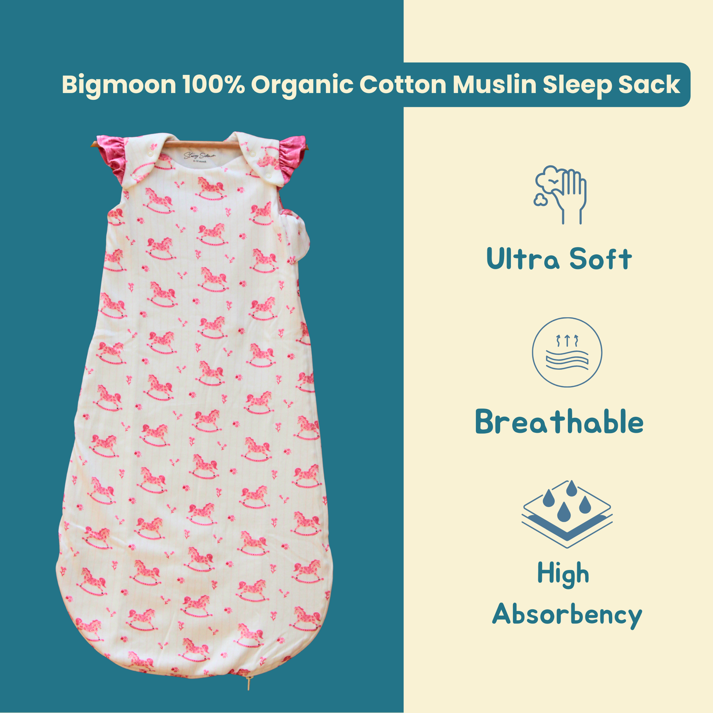 Organic Cotton Baby Sleep Sack 1.5 TOG, Pack of 1 – Pink Horse