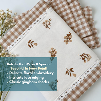 warm Beige Cotton Floral Embroidered Bedspread with Lace Border – 108 × 108 Inches
