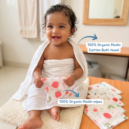 100% Organic Muslin White Baby Bath Towel (110 x 75 cm) + Get 5 Printed Muslin Wipes Free (12 x 12 Inches)