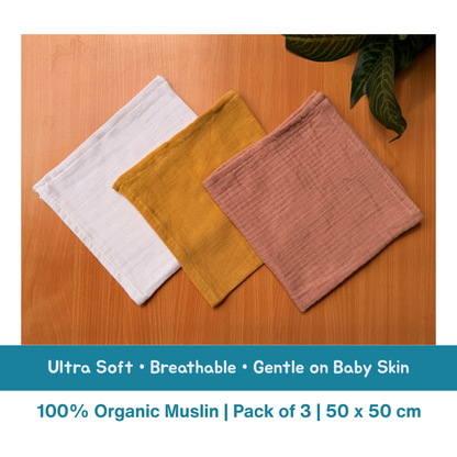 Bigmoon Organic Muslin Baby Bath Towels – Pack of 3 | 50 × 50 cm