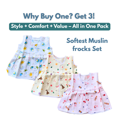 Muslin Cotton Baby Frocks | Pack of 3 | Ultra-Soft, Front-Open Design
