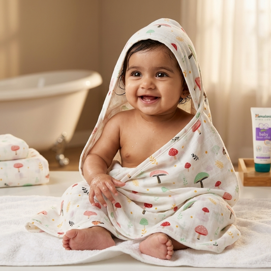 100% Organic Muslin Cotton Baby Bath Towel (70 x 140 cm) – Mushroom Magic Print | Ultra Soft | 0–2 Years | Pack of 1