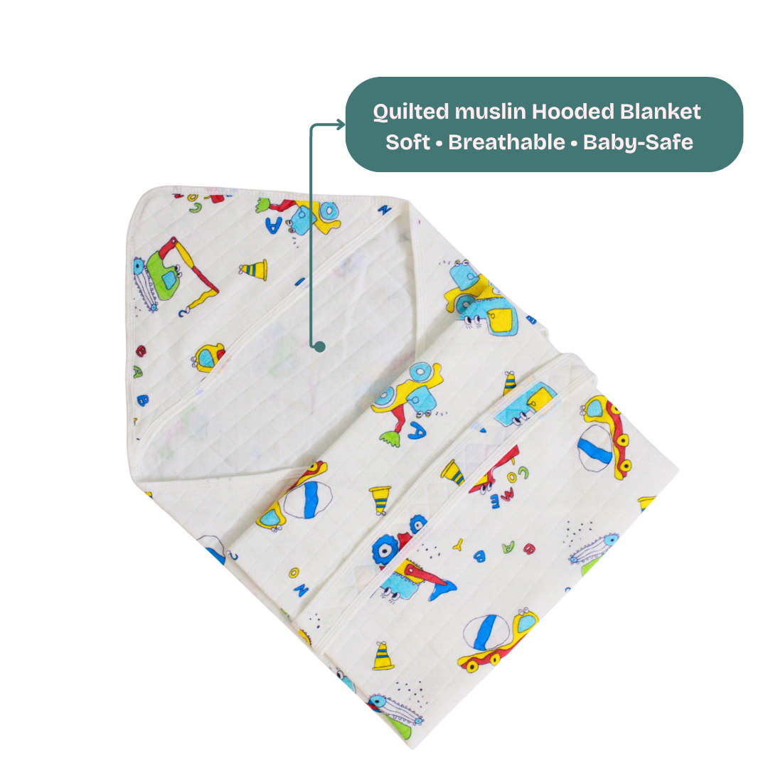 Little Builder Print – Muslin Quilted Hooded Blanket with Belt | 85 x 85 cm | Pack of 1