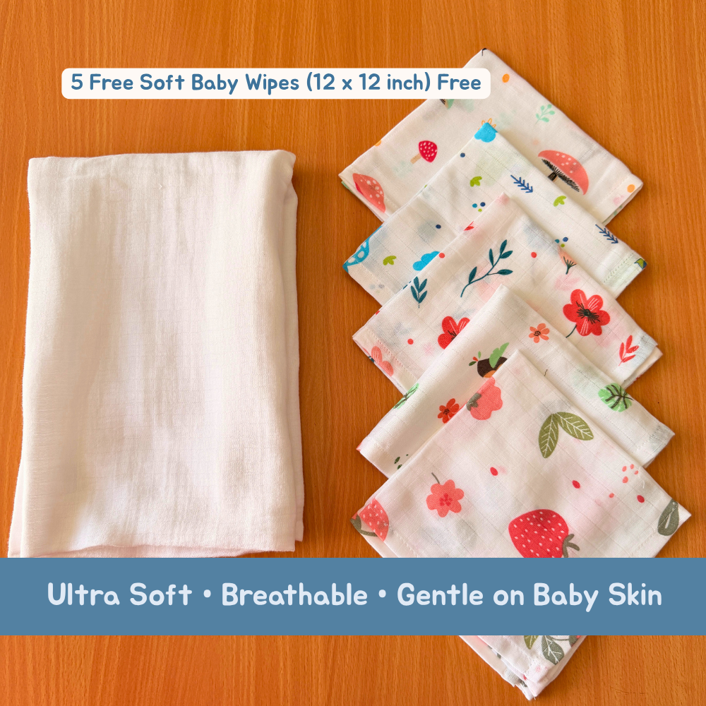 100% Organic Muslin White Baby Bath Towel (110 x 75 cm) + Get 5 Printed Muslin Wipes Free (12 x 12 Inches)