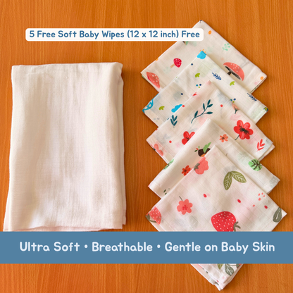 100% Organic Muslin White Baby Bath Towel (110 x 75 cm) + Get 5 Printed Muslin Wipes Free (12 x 12 Inches)
