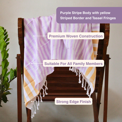 Premium Cotton Bath Towel 150 x 75 cm | Pack of 1 (Lavender with Mustard stripes)