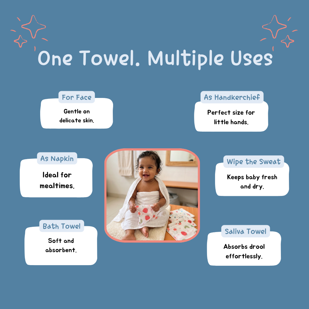 100% Organic Muslin White Baby Bath Towel (110 x 75 cm) + Get 5 Printed Muslin Wipes Free (12 x 12 Inches)