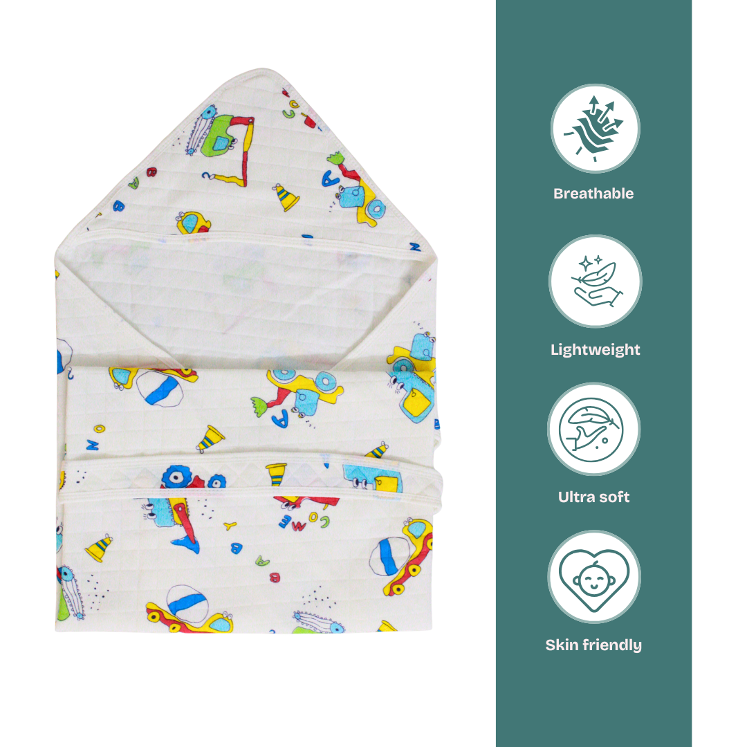 Little Builder Print – Muslin Quilted Hooded Blanket with Belt | 85 x 85 cm | Pack of 1