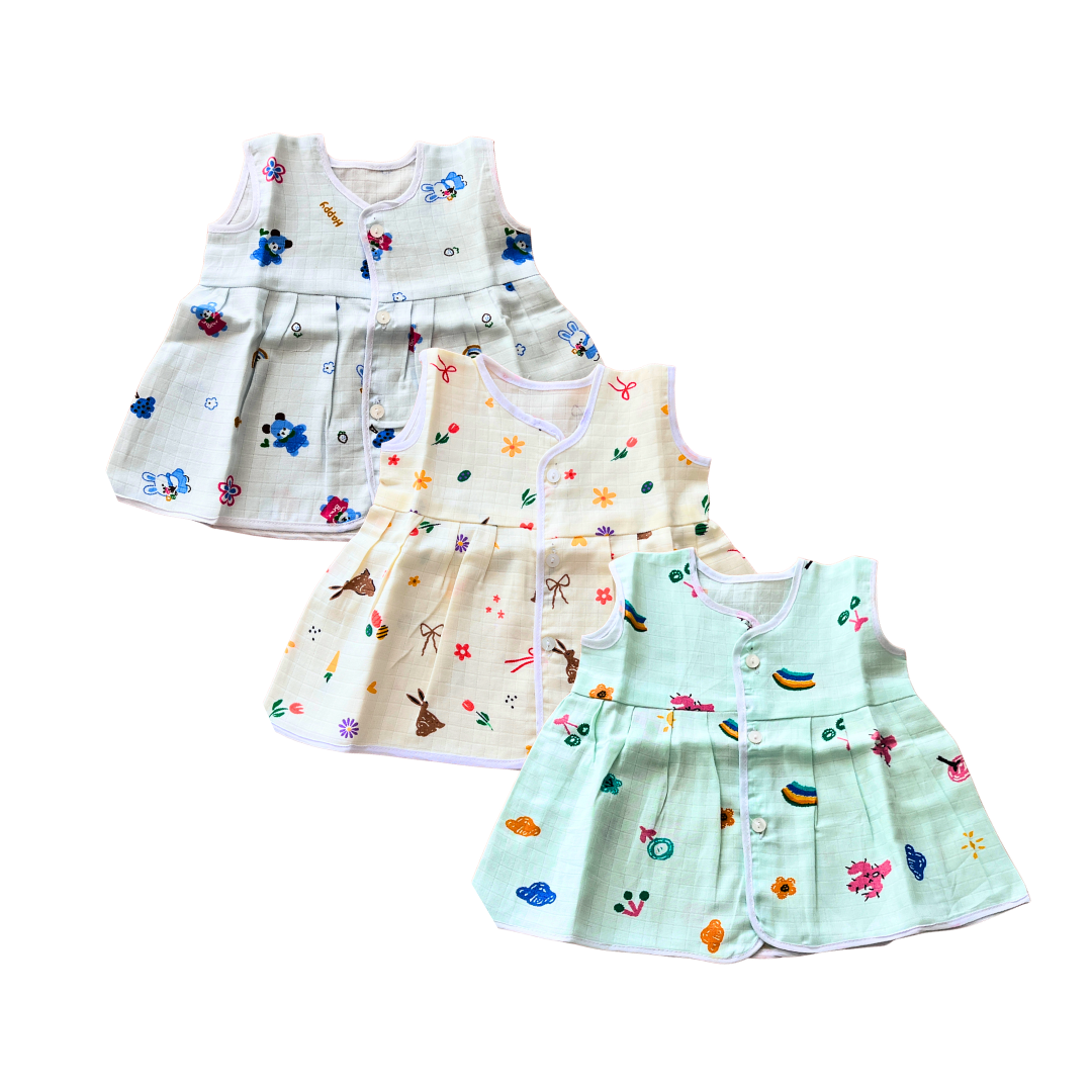 Muslin Cotton Baby Frocks | Pack of 3 | Ultra-Soft, Front-Open Design