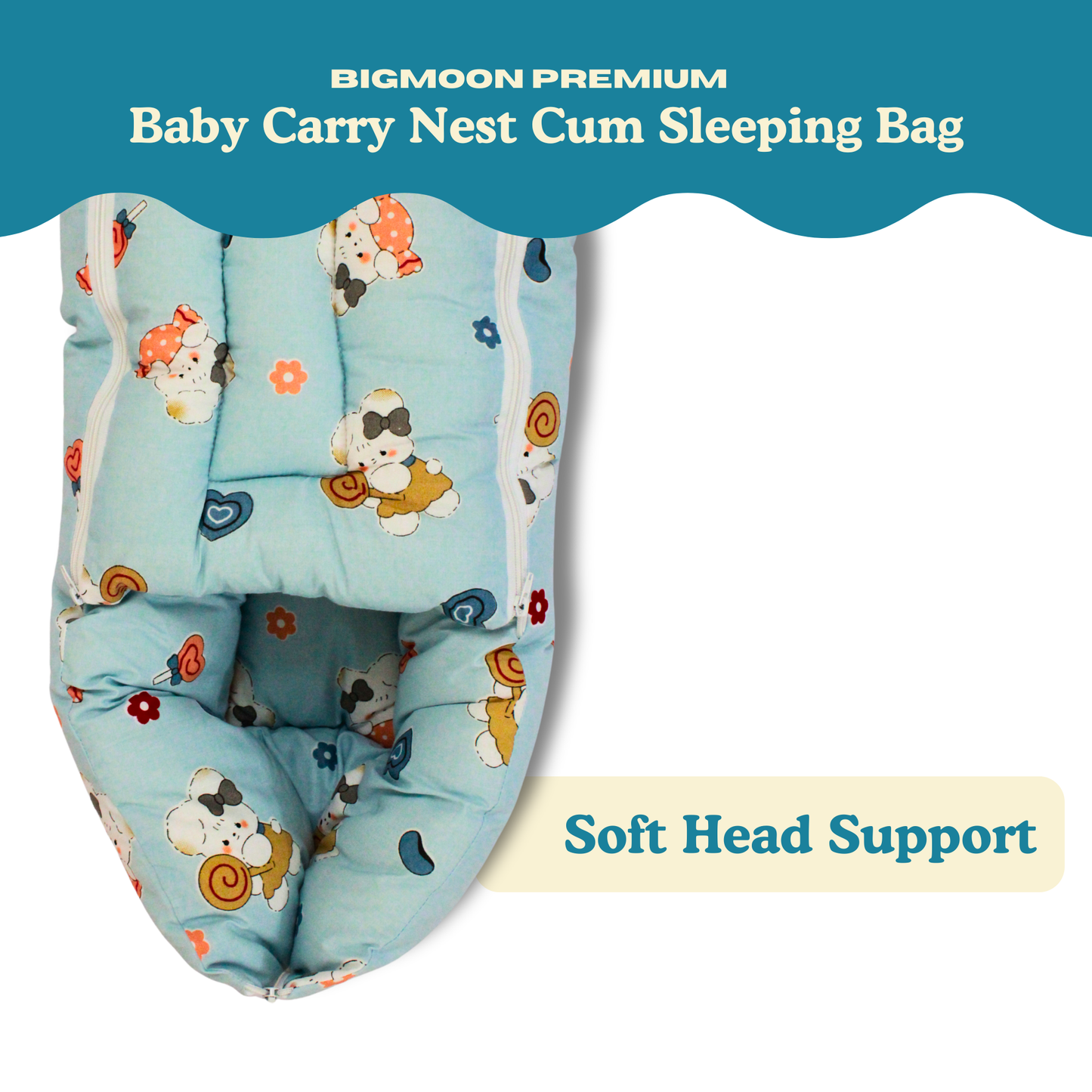 Happy Bear Premium Cotton Baby Carry Nest with Hood & Secure Zip (0–6 Months)