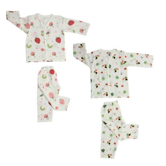 Organic Muslin Sleepsuit | Full Sleeve Top & Pant (Pack of 2, Strawberry & Toucan Bird Print)
