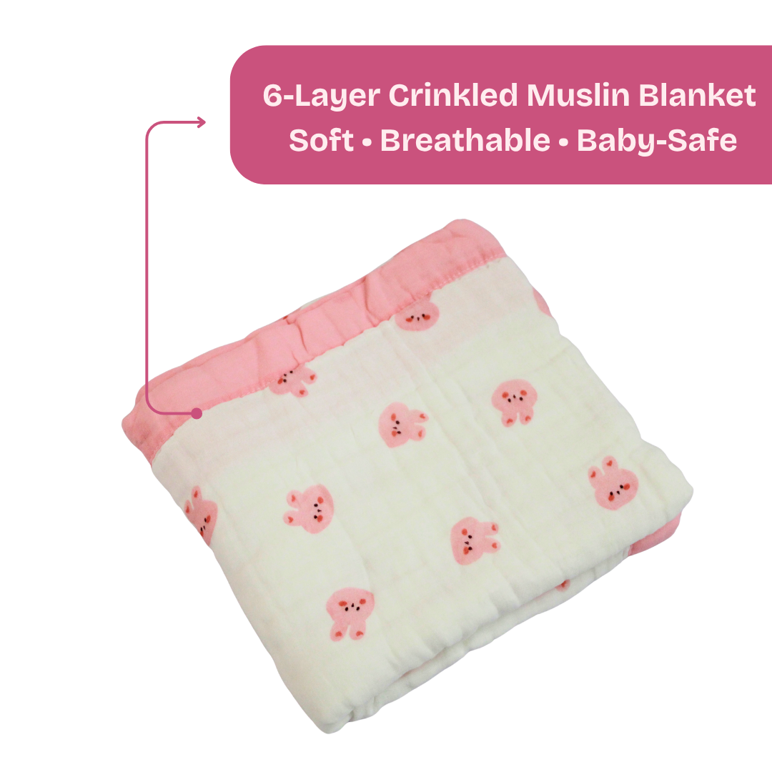6 Layer Blush Bunny Print Muslin Baby Blanket 110x100 cm - Pack of 1