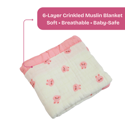 6 Layer Blush Bunny Print Muslin Baby Blanket 110x100 cm - Pack of 1