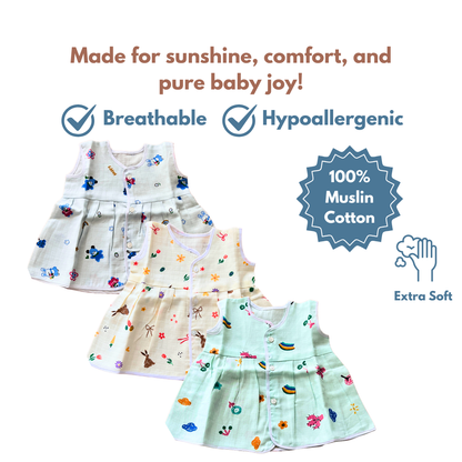 Muslin Cotton Baby Frocks | Pack of 3 | Ultra-Soft, Front-Open Design