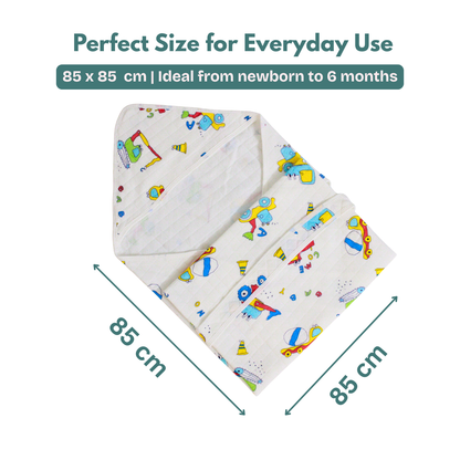 Little Builder Print – Muslin Quilted Hooded Blanket with Belt | 85 x 85 cm | Pack of 1