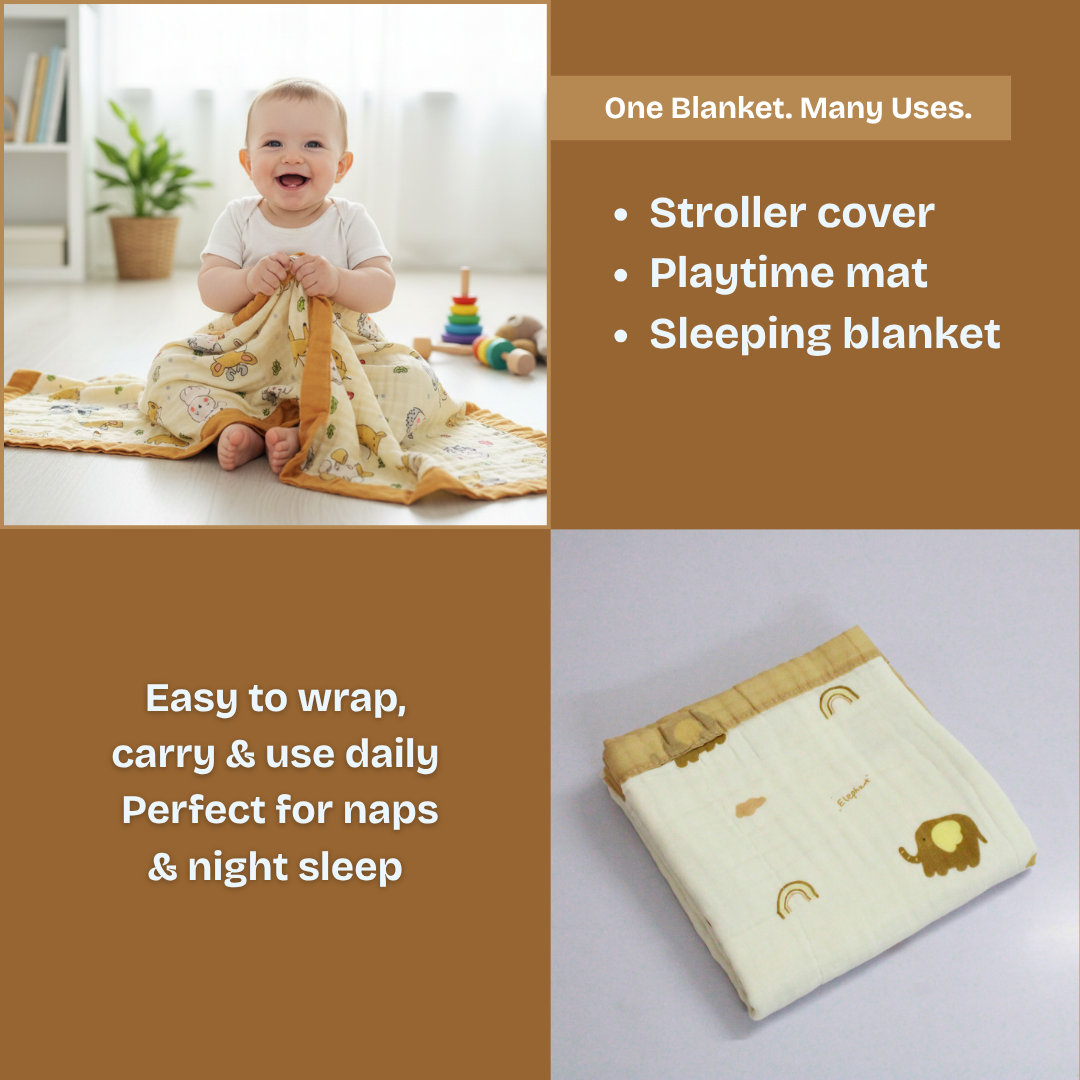 6 Layer Little Elephant Print Baby Blanket 110x100 cm - Pack of 1