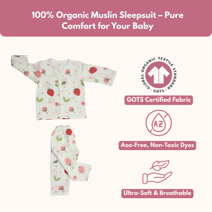 Organic Muslin Sleepsuit | Full Sleeve Top & Pant (Pack of 2, Strawberry & Toucan Bird Print)