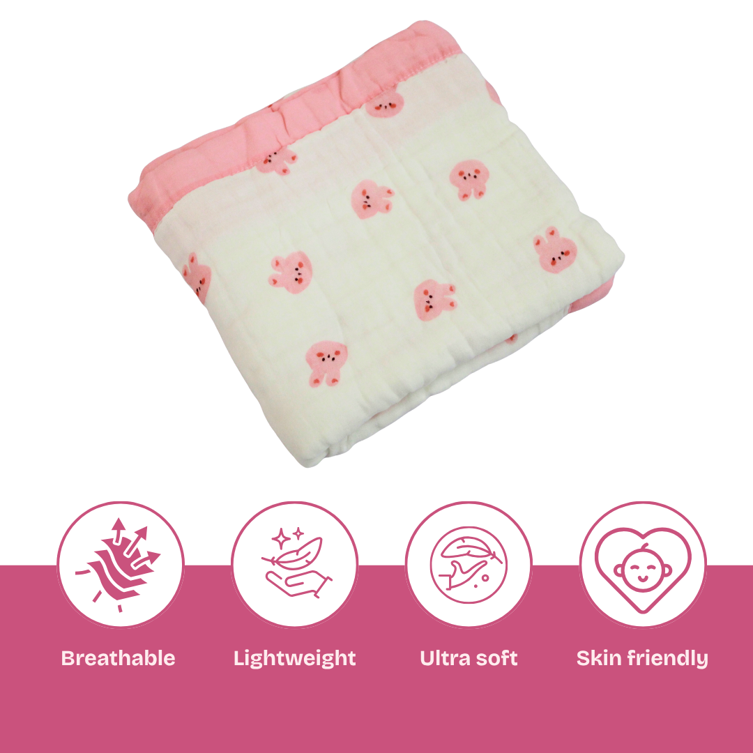 6 Layer Blush Bunny Print Muslin Baby Blanket 110x100 cm - Pack of 1