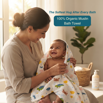 Ocean Friends 100% Organic Muslin Baby Bath Towel (100 × 70 cm)