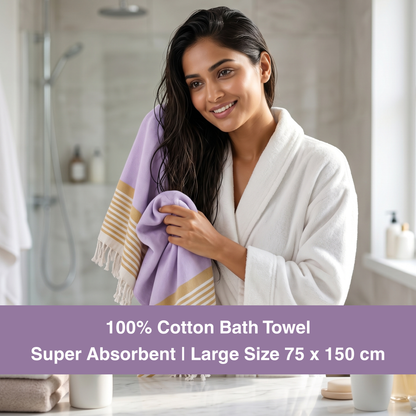 Premium Cotton Bath Towel 150 x 75 cm | Pack of 1 (Lavender with Mustard Striped Border)