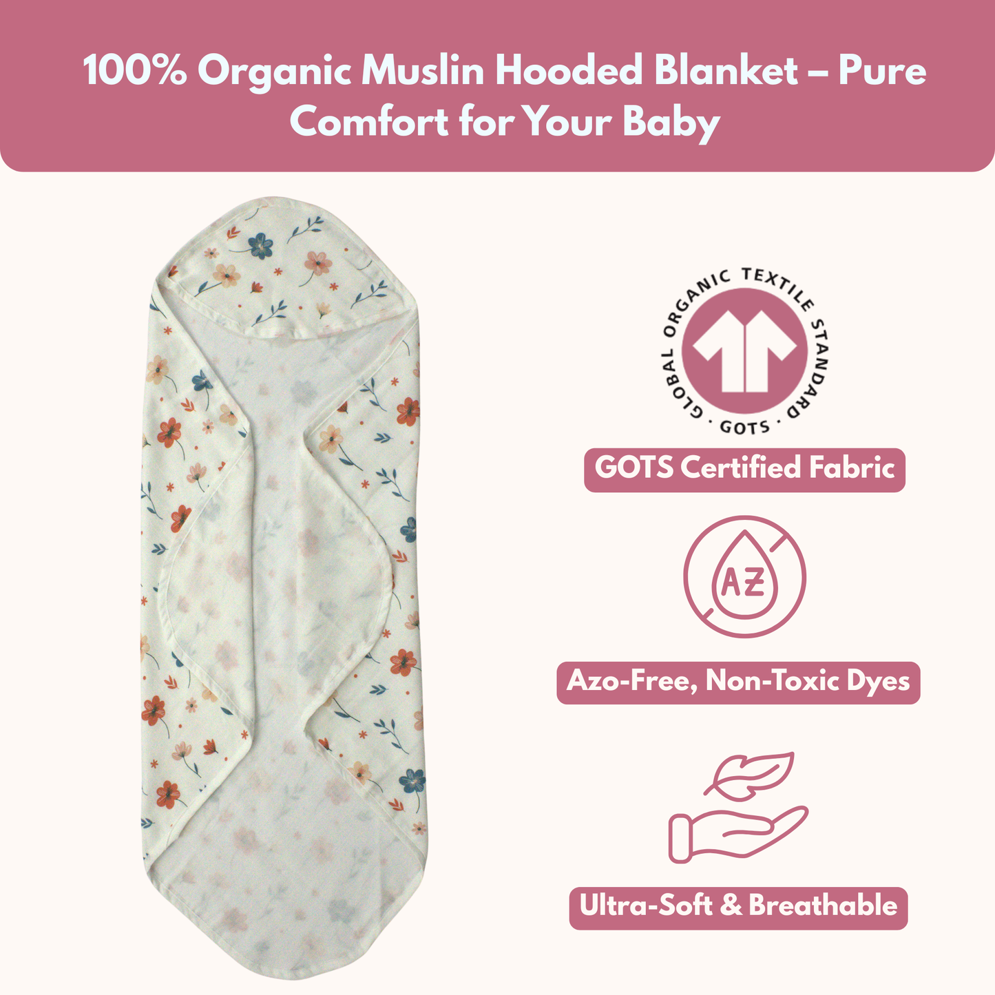Muslin Hooded Blanket for Newborn Baby (floral print, 75 x 75 cm, pack of 1)