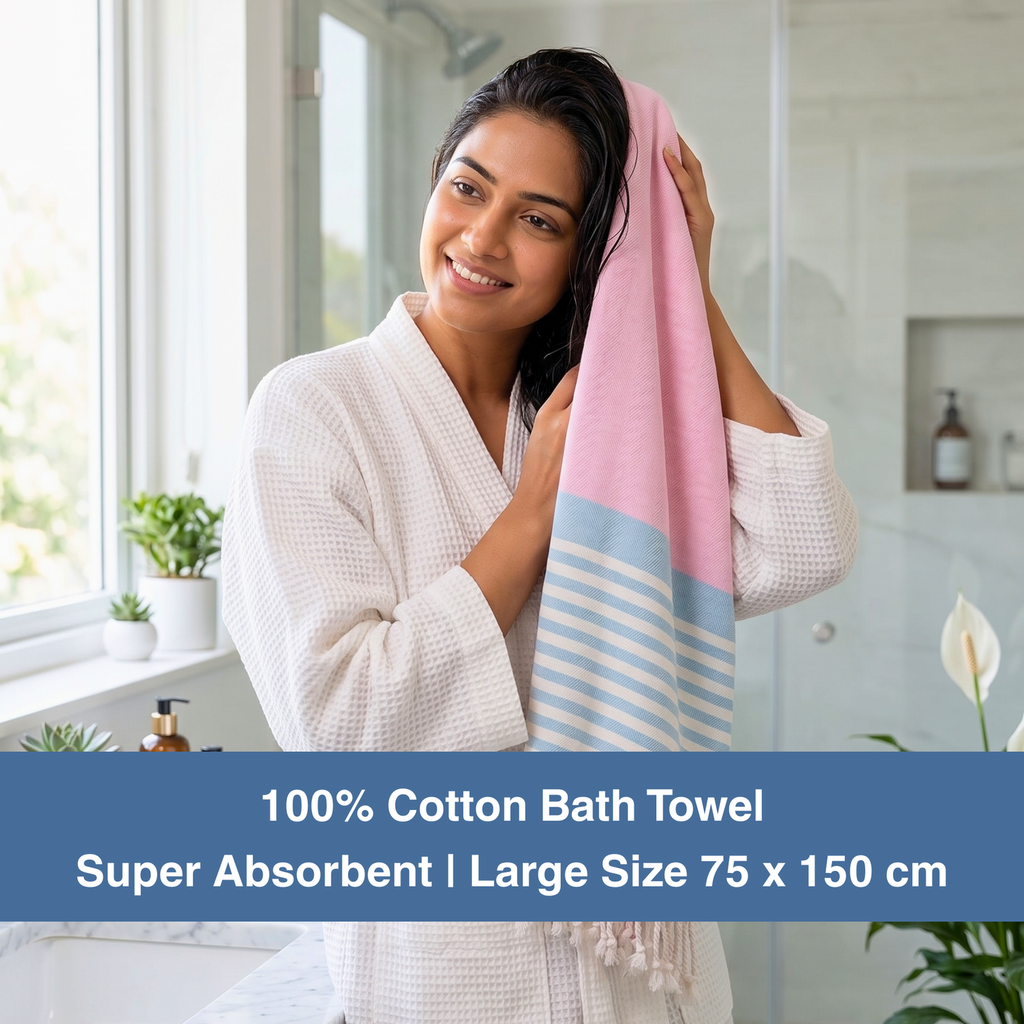 Premium Cotton Bath Towel 150 x 75 cm | Pack of 1 (Pink with Sky Blue Striped Border)