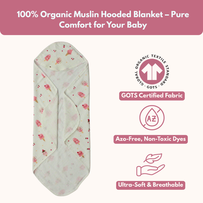 Muslin Hooded Blanket for Newborn Baby (ice cream print, 75 x 75 cm, pack of 1)