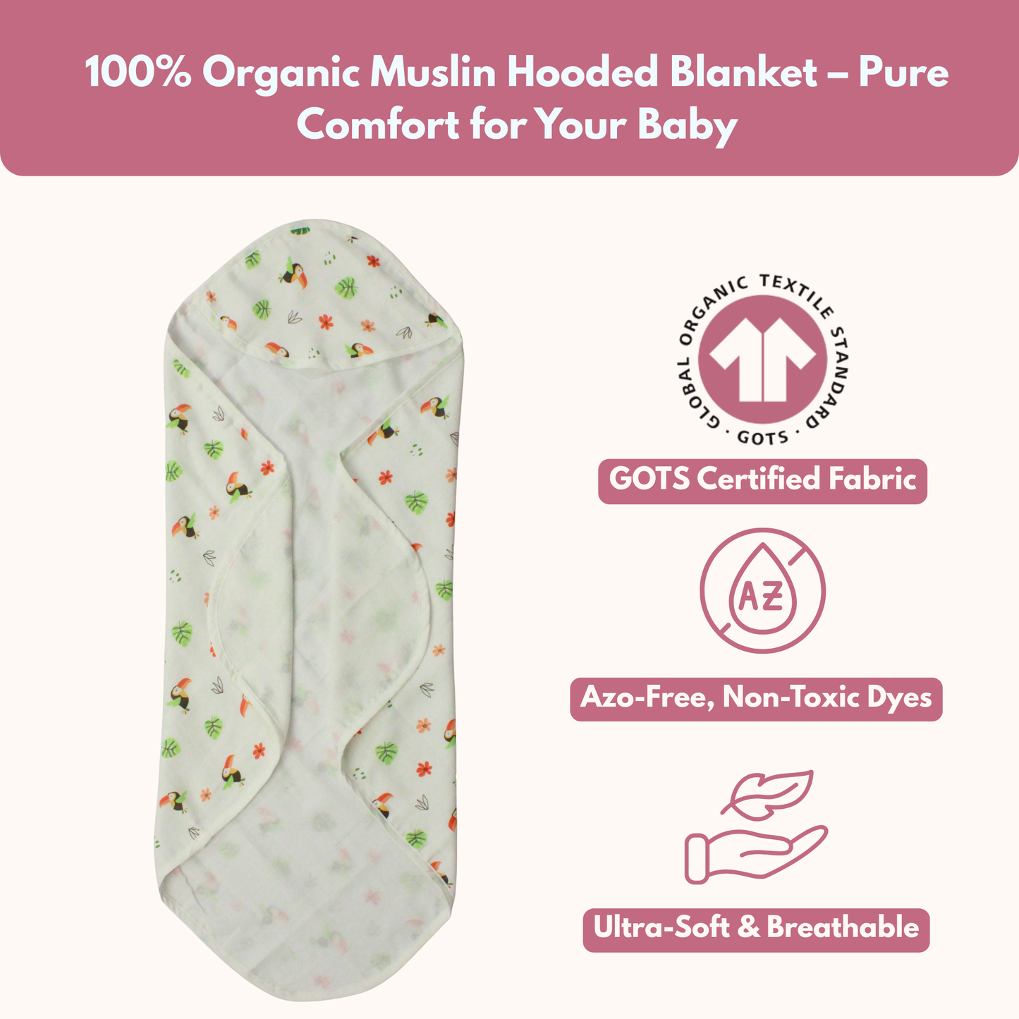 Muslin Hooded Blanket for Newborn Baby (Bird print, 75 x 75 cm, pack of 1)