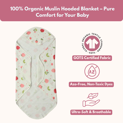 Muslin Hooded Blanket for Newborn Baby (strawberry print, 75 x 75 cm, pack of 1)