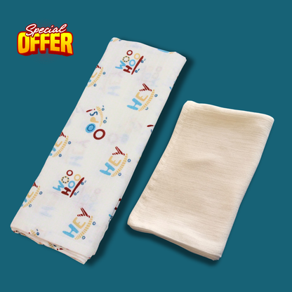 Woo Hoo Printed & Solid Muslin Bath Towel Combo