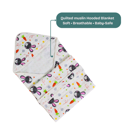 Bunny & Carrot Print – Muslin Quilted Hooded Blanket with Belt | 85 x 85 cm | Pack of 1