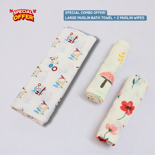 Woo Hoo Baby Muslin Towel Set (145 x 70 cm) + 2 Wipes (10x10 inch)