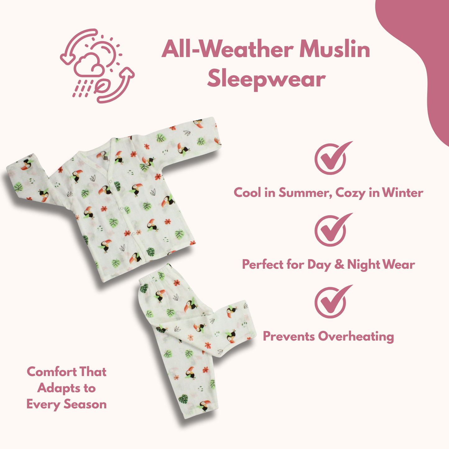 Organic Muslin Sleepsuit | Full Sleeve Top & Pant (Pack of 2, Strawberry & Toucan Bird Print)