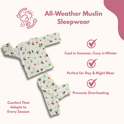 Organic Muslin Sleepsuit | Full Sleeve Top & Pant (Pack of 2, Strawberry & Toucan Bird Print)