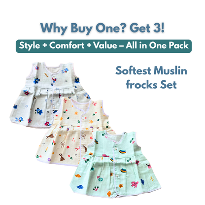 Muslin Cotton Baby Frocks | Pack of 3 | Ultra-Soft, Front-Open Design