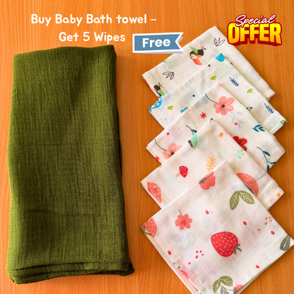 100% Organic Muslin Green Baby Bath Towel (70 x 130 cm) + Get 5 Printed Muslin Wipes Free (12 x 12 Inches)