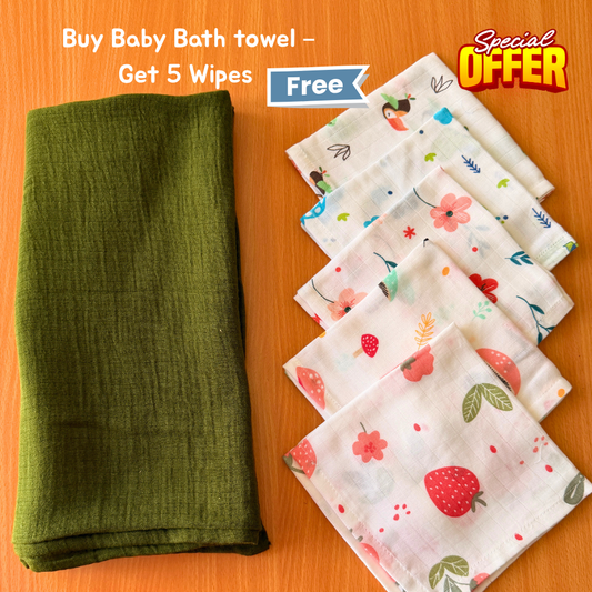 100% Organic Muslin Green Baby Bath Towel (70 x 130 cm) + Get 5 Printed Muslin Wipes Free (12 x 12 Inches)