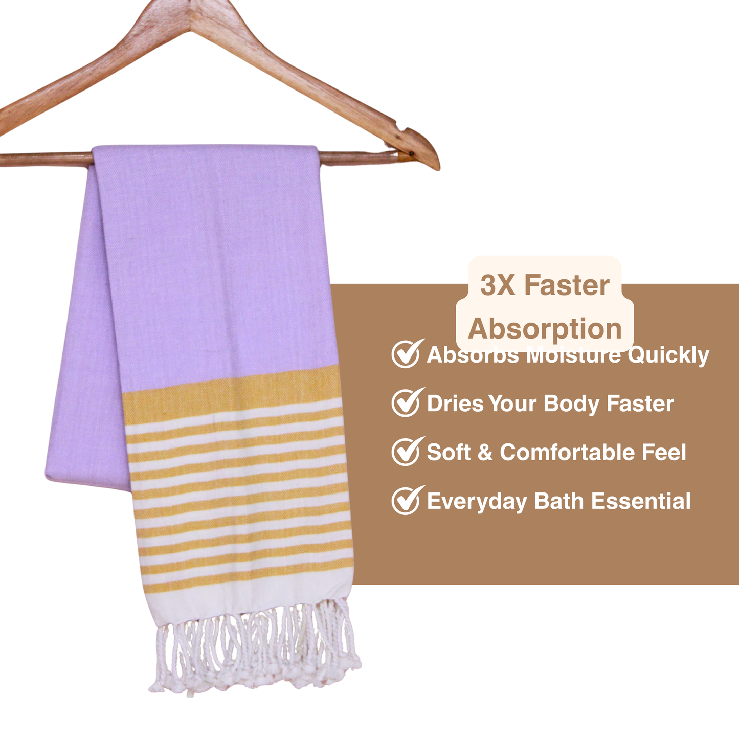Premium Cotton Bath Towel 150 x 75 cm | Pack of 1 (Lavender with Mustard Striped Border)