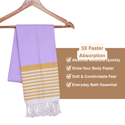 Premium Cotton Bath Towel 150 x 75 cm | Pack of 1 (Lavender with Mustard Striped Border)