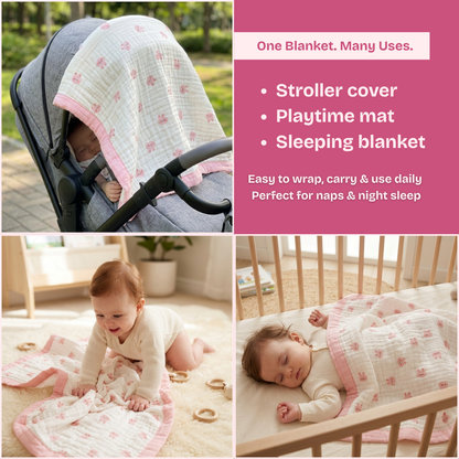 6 Layer Blush Bunny Print Muslin Baby Blanket 110x100 cm - Pack of 1