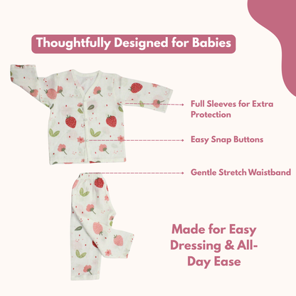 Organic Muslin Sleepsuit | Full Sleeve Top & Pant (Pack of 2, Strawberry & Toucan Bird Print)