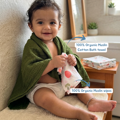 100% Organic Muslin Green Baby Bath Towel (70 x 130 cm) + Get 5 Printed Muslin Wipes Free (12 x 12 Inches)