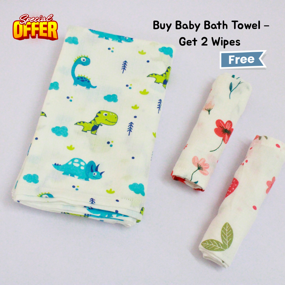 Little Dino World Baby Muslin Towel Set (120 x 100 cm) + 2 Free Wipes (10x10 inch)