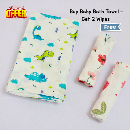 Little Dino World Baby Muslin Towel Set (120 x 100 cm) + 2 Free Wipes (10x10 inch)