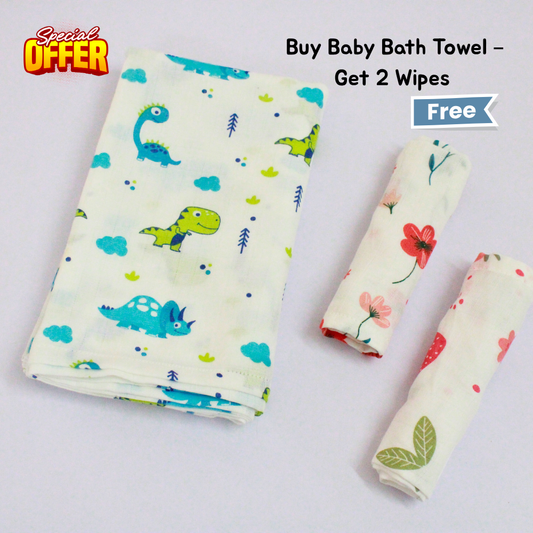 Little Dino World Baby Muslin Towel Set (120 x 100 cm) + 2 Free Wipes (10x10 inch)