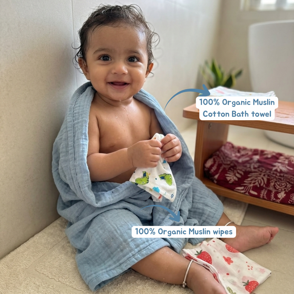 100% Organic Muslin Blue Baby Bath Towel (110 x 75 cm) + Get 5 Printed Muslin Wipes Free (12 x 12 Inches)
